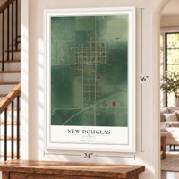 New Douglas, Illinois map, 24 x 36 inch print in a white frame by a staircase