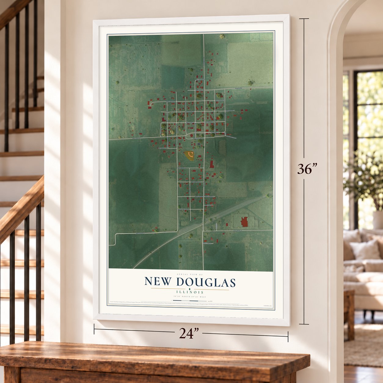 New Douglas, Illinois map, 24 x 36 inch print in a white frame by a staircase