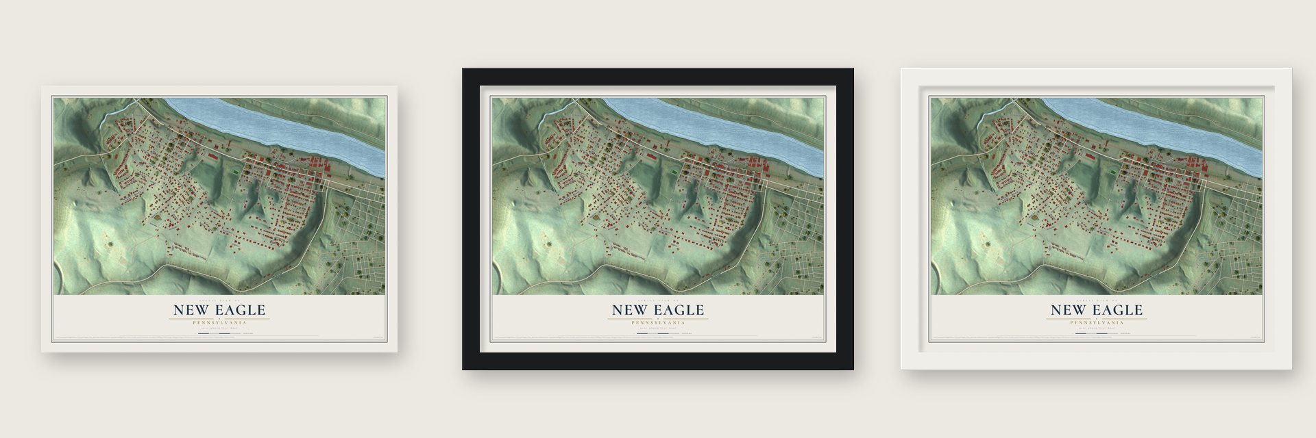 New Eagle, Pennsylvania map unframed, in a black wood frame and in a white wood frame
