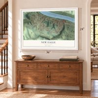 New Eagle, Pennsylvania map, 24 x 36 inch print in a white frame above a dresser by a staircase