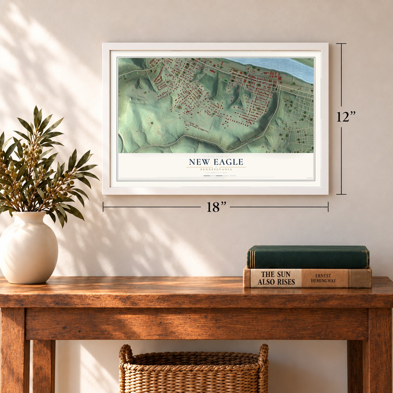 New Eagle, Pennsylvania map, 12 x 18 inch print in a white frame in an entryway