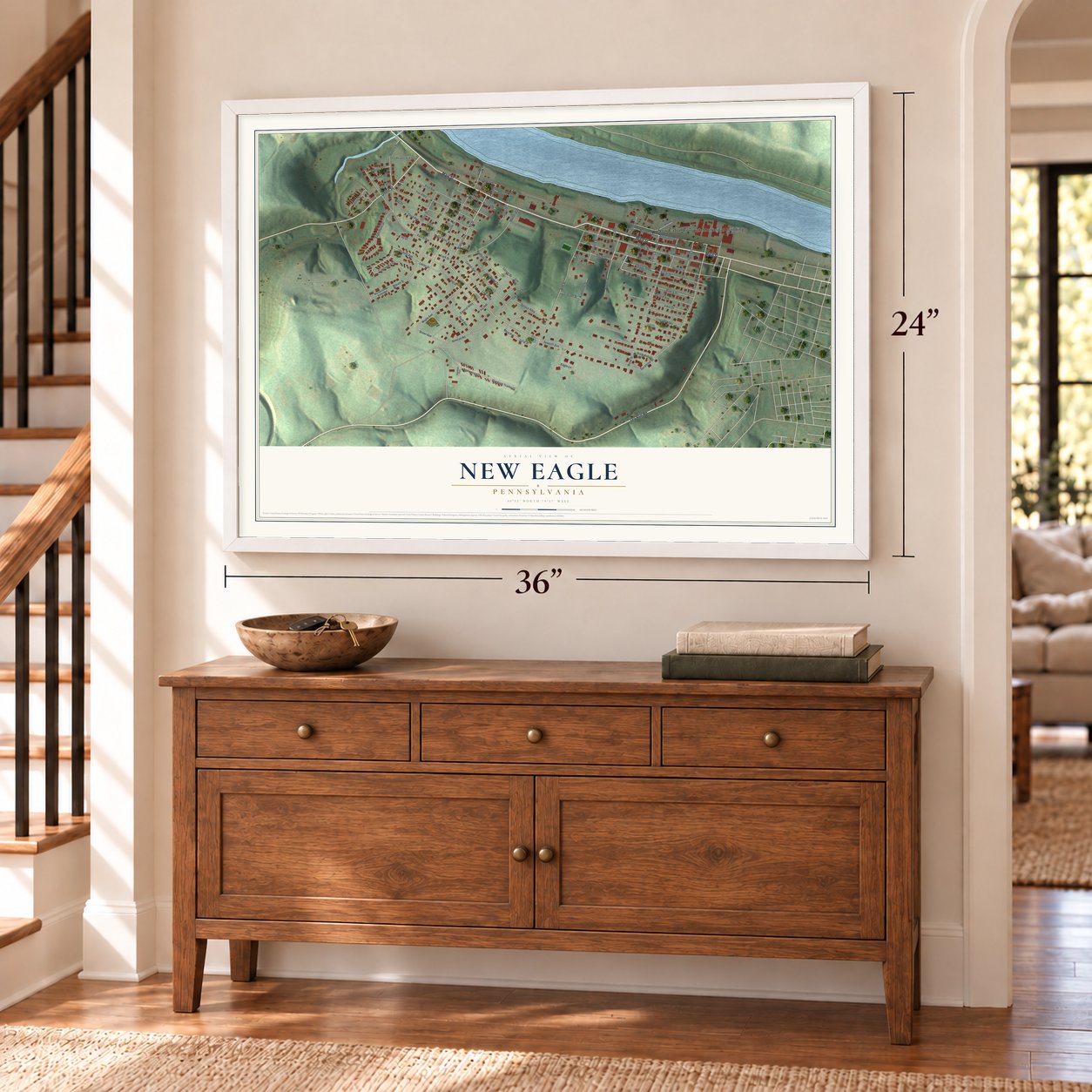 New Eagle, Pennsylvania map, 24 x 36 inch print in a white frame above a dresser by a staircase
