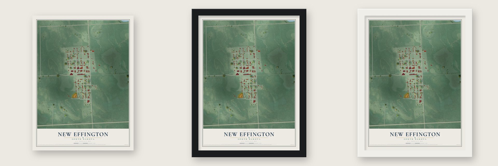 New Effington, South Dakota map unframed, in a black wood frame and in a white wood frame