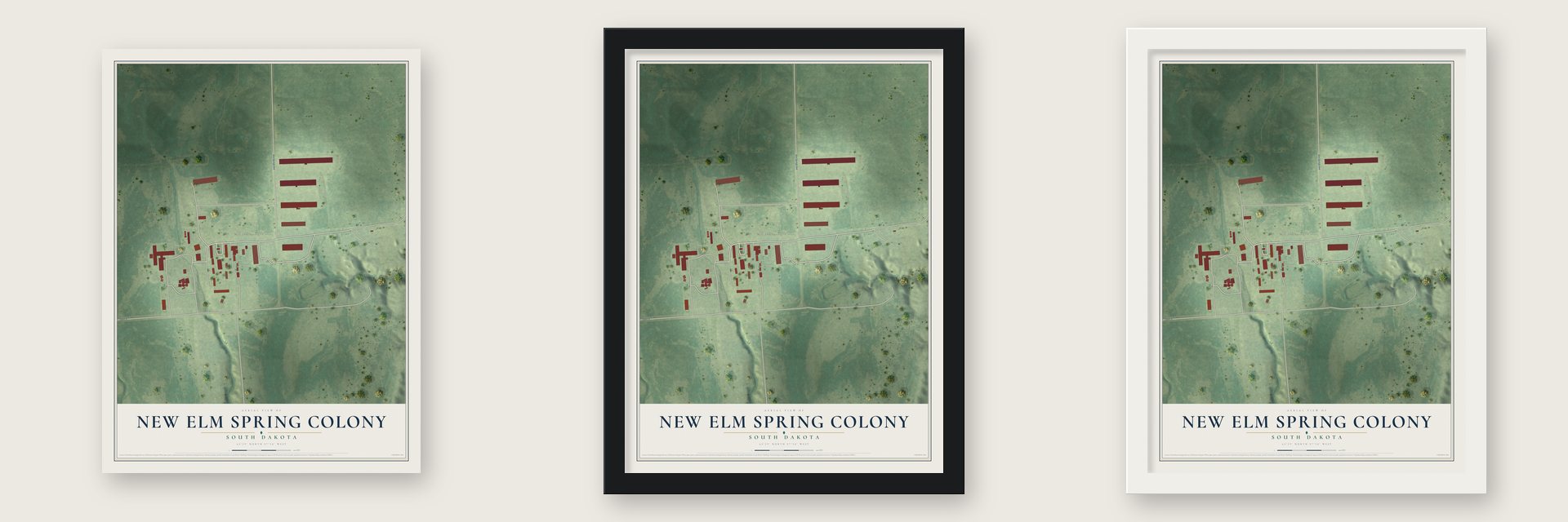 New Elm Spring Colony, South Dakota map unframed, in a black wood frame and in a white wood frame