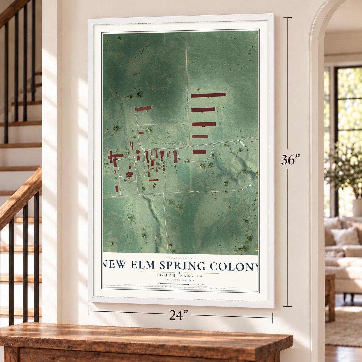 New Elm Spring Colony, South Dakota map, 24 x 36 inch print in a white frame by a staircase