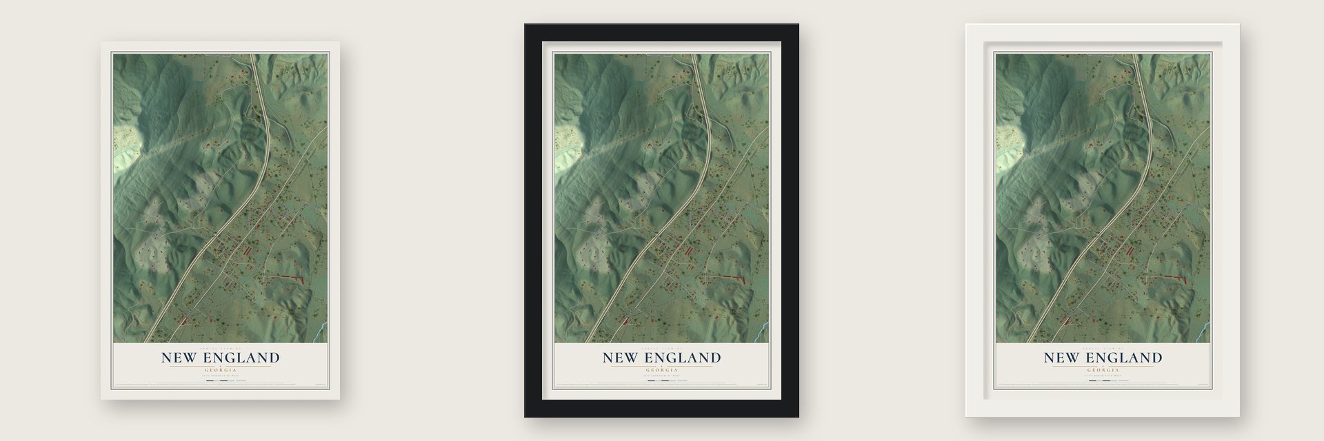 New England, Georgia map unframed, in a black wood frame and in a white wood frame