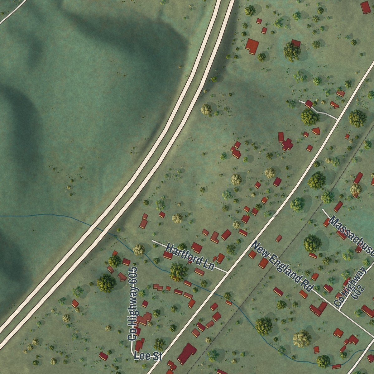 Second close-up of the map of New England, Georgia print showing more streets and buildings