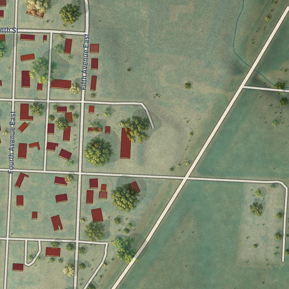 Second close-up of the map of New England, North Dakota print showing more streets and buildings