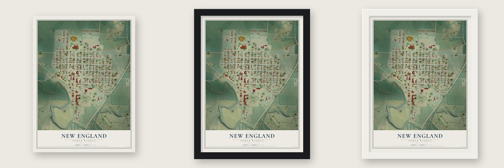 New England, North Dakota map unframed, in a black wood frame and in a white wood frame