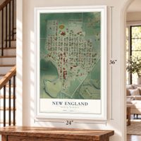 New England, North Dakota map, 24 x 36 inch print in a white frame by a staircase