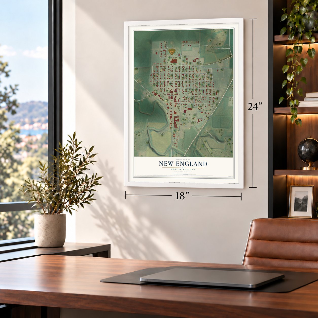 New England, North Dakota map, 18 x 24 inch print in a white frame in a home office