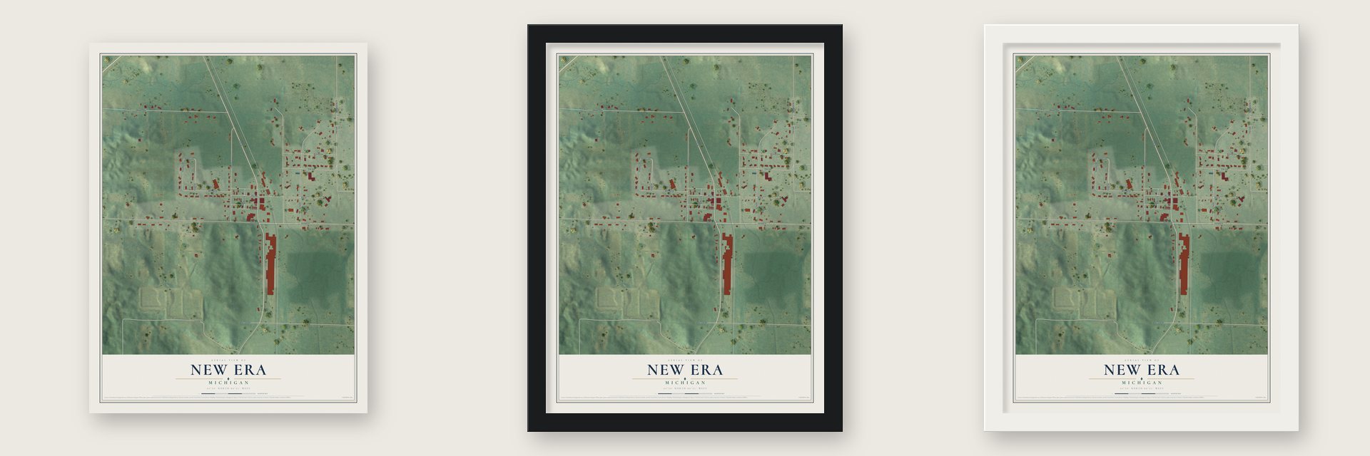 New Era, Michigan map unframed, in a black wood frame and in a white wood frame