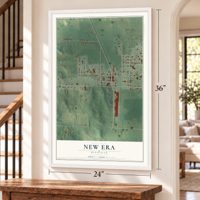 New Era, Michigan map, 24 x 36 inch print in a white frame by a staircase