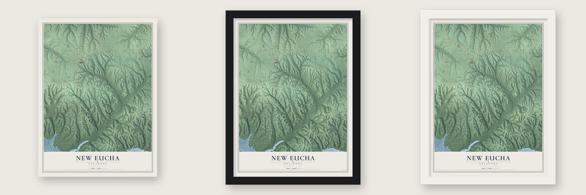 New Eucha, Oklahoma map unframed, in a black wood frame and in a white wood frame