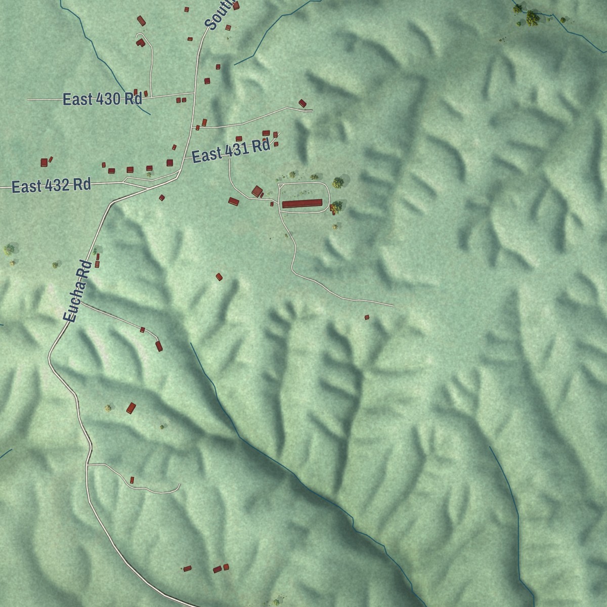 Second close-up of the map of New Eucha, Oklahoma print showing more streets and buildings