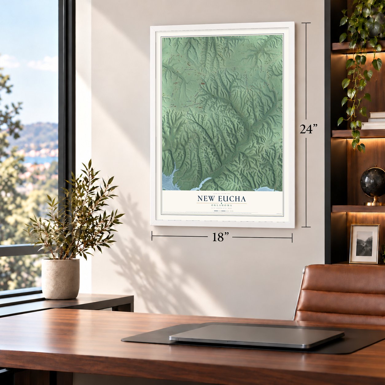 New Eucha, Oklahoma map, 18 x 24 inch print in a white frame in a home office