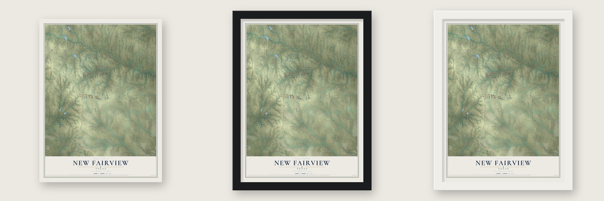 New Fairview, Texas map unframed, in a black wood frame and in a white wood frame