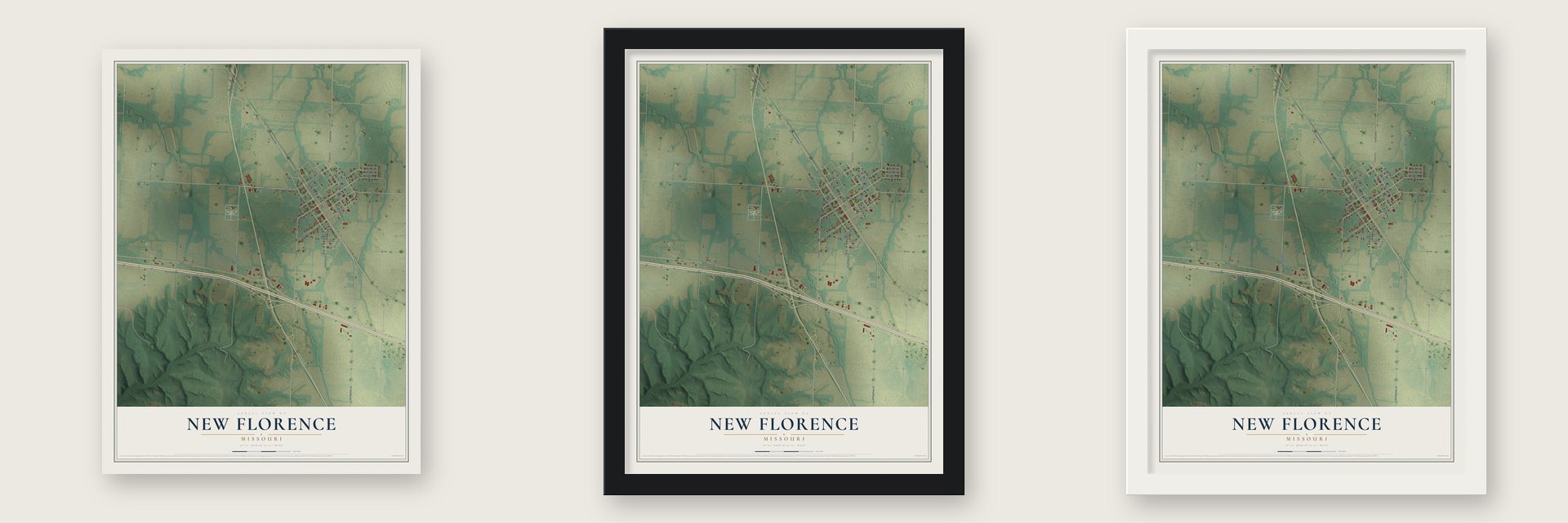 New Florence, Missouri map unframed, in a black wood frame and in a white wood frame