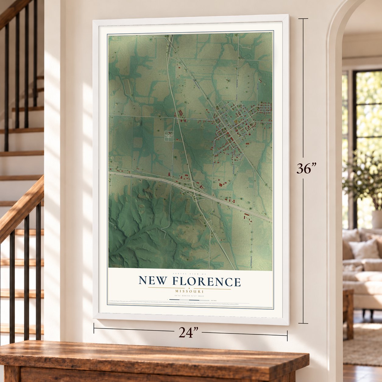 New Florence, Missouri map, 24 x 36 inch print in a white frame by a staircase