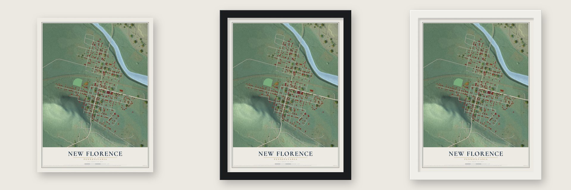 New Florence, Pennsylvania map unframed, in a black wood frame and in a white wood frame