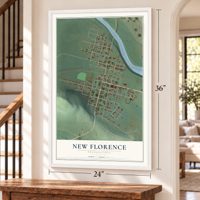 New Florence, Pennsylvania map, 24 x 36 inch print in a white frame by a staircase