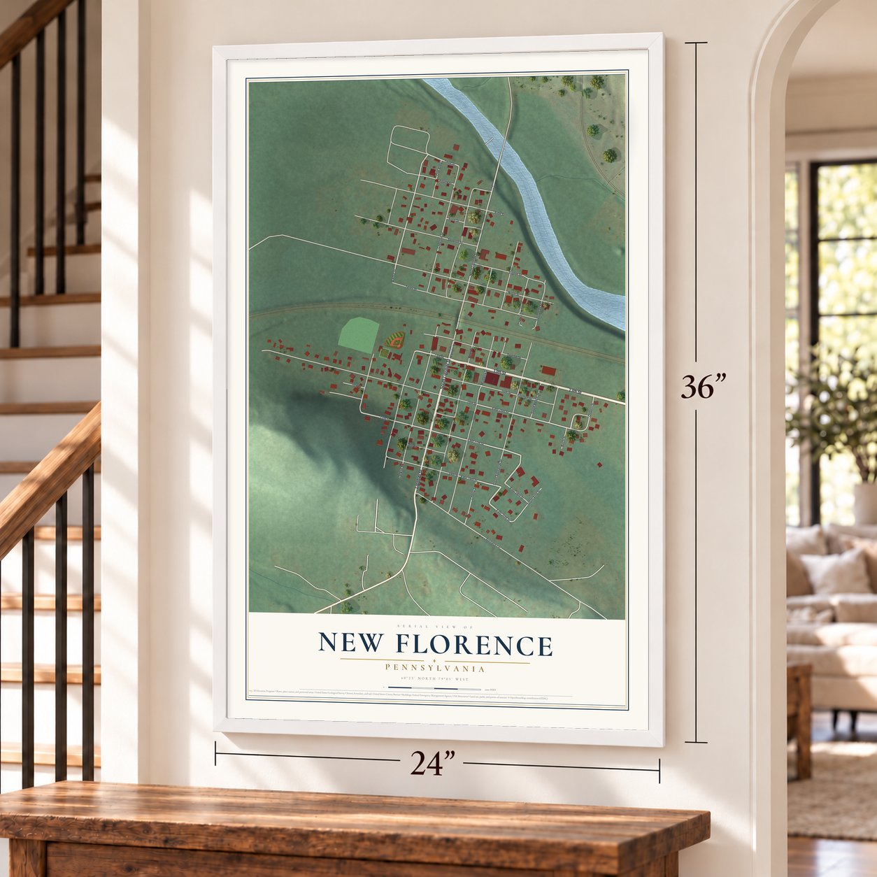 New Florence, Pennsylvania map, 24 x 36 inch print in a white frame by a staircase