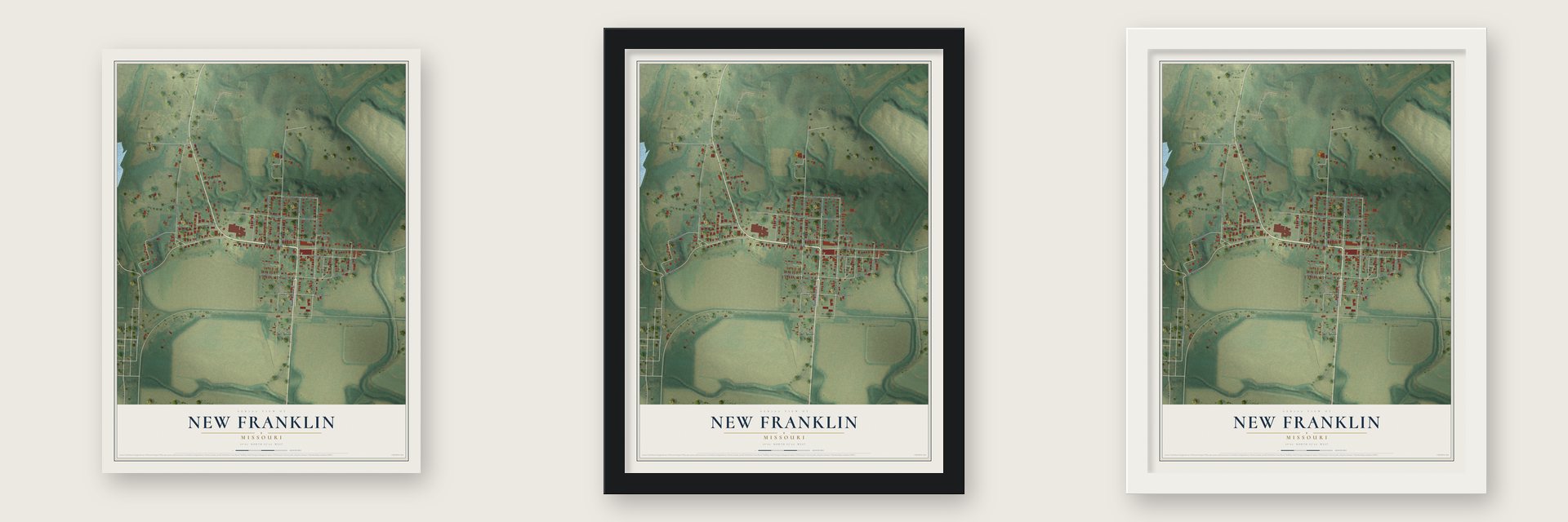 New Franklin, Missouri map unframed, in a black wood frame and in a white wood frame