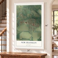 New Franklin, Missouri map, 24 x 36 inch print in a white frame by a staircase