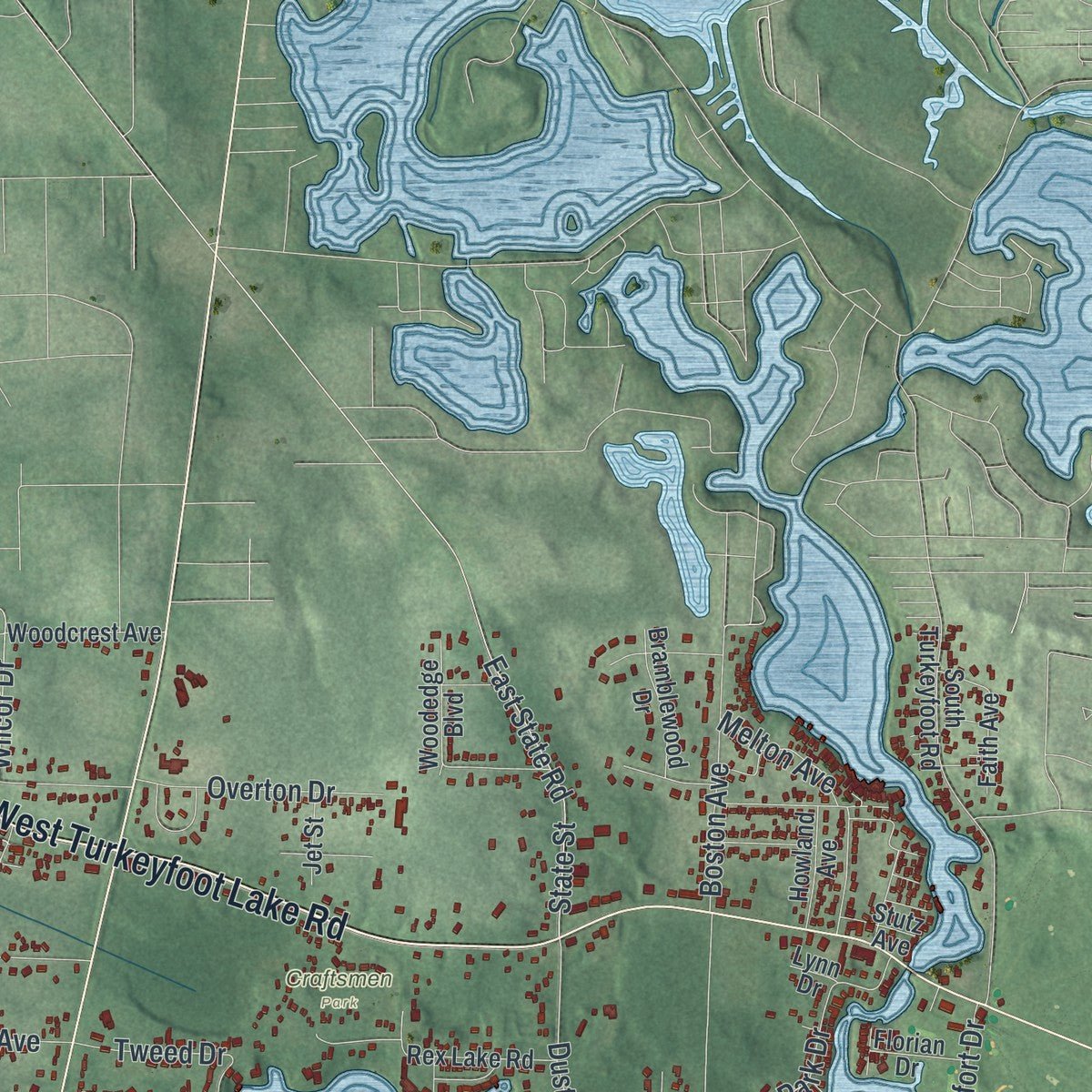 Second close-up of the map of New Franklin, Ohio print showing more streets and buildings