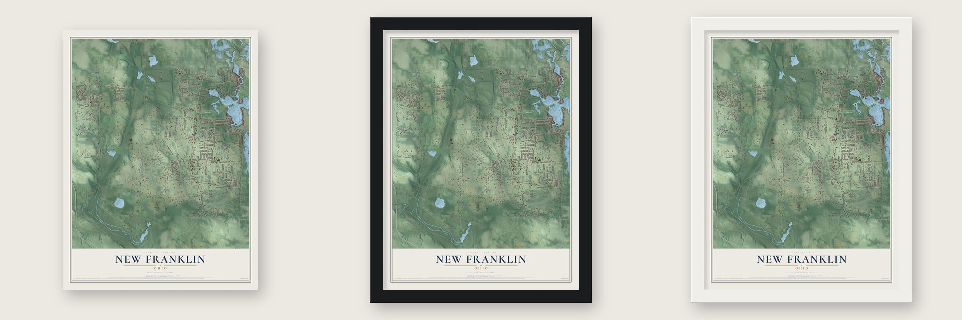 New Franklin, Ohio map unframed, in a black wood frame and in a white wood frame
