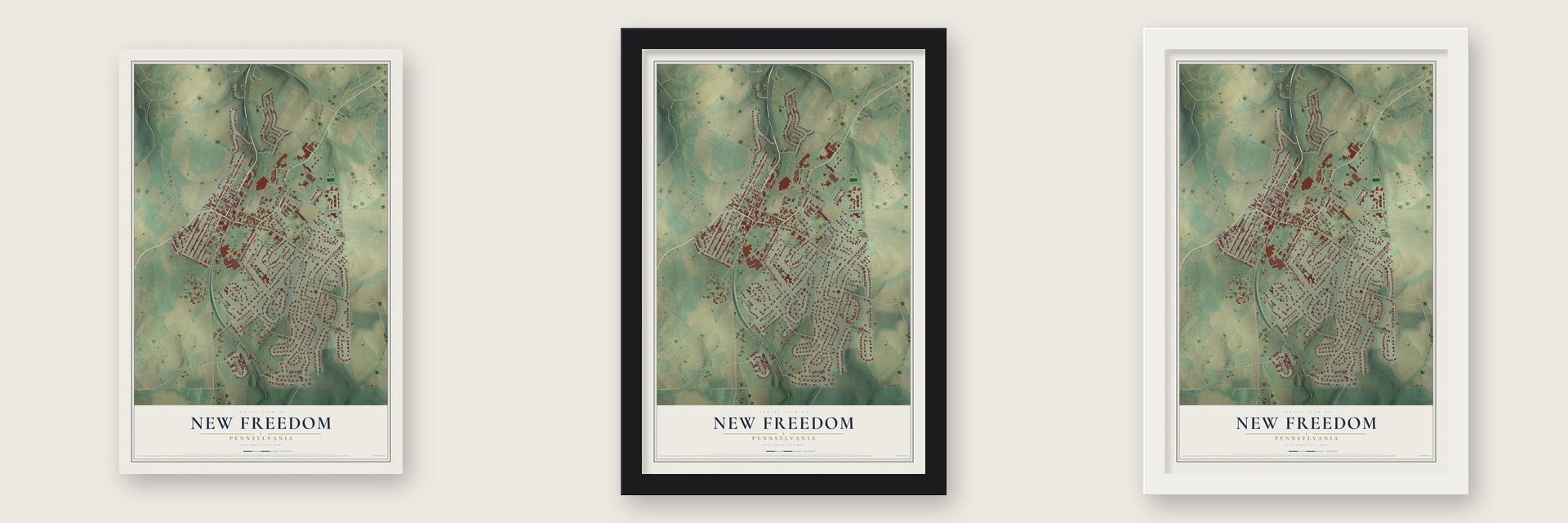 New Freedom, Pennsylvania map unframed, in a black wood frame and in a white wood frame