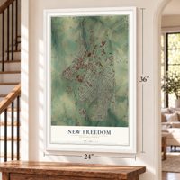 New Freedom, Pennsylvania map, 24 x 36 inch print in a white frame by a staircase