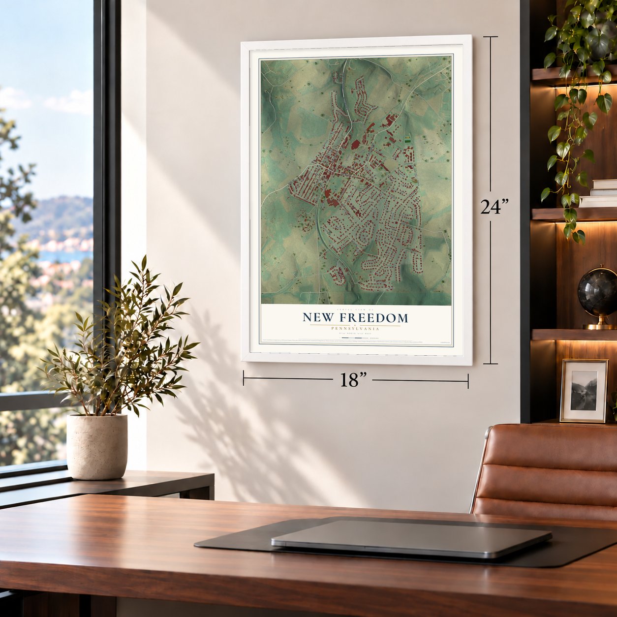 New Freedom, Pennsylvania map, 18 x 24 inch print in a white frame in a home office