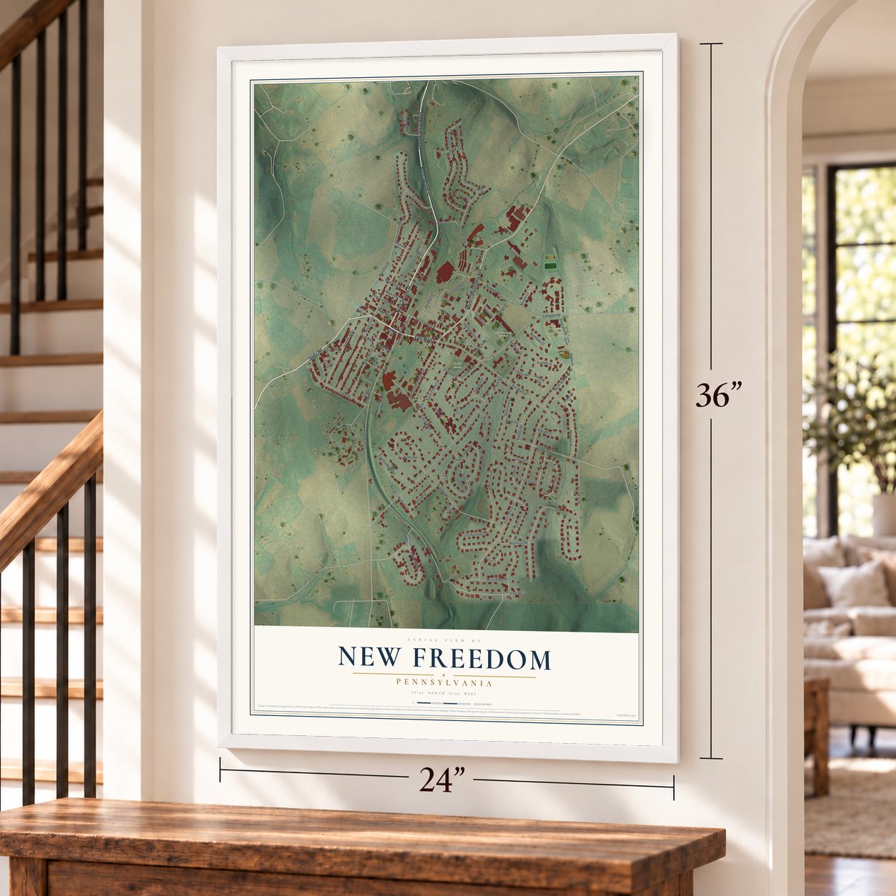 New Freedom, Pennsylvania map, 24 x 36 inch print in a white frame by a staircase