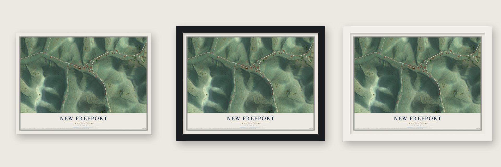 New Freeport, Pennsylvania map unframed, in a black wood frame and in a white wood frame