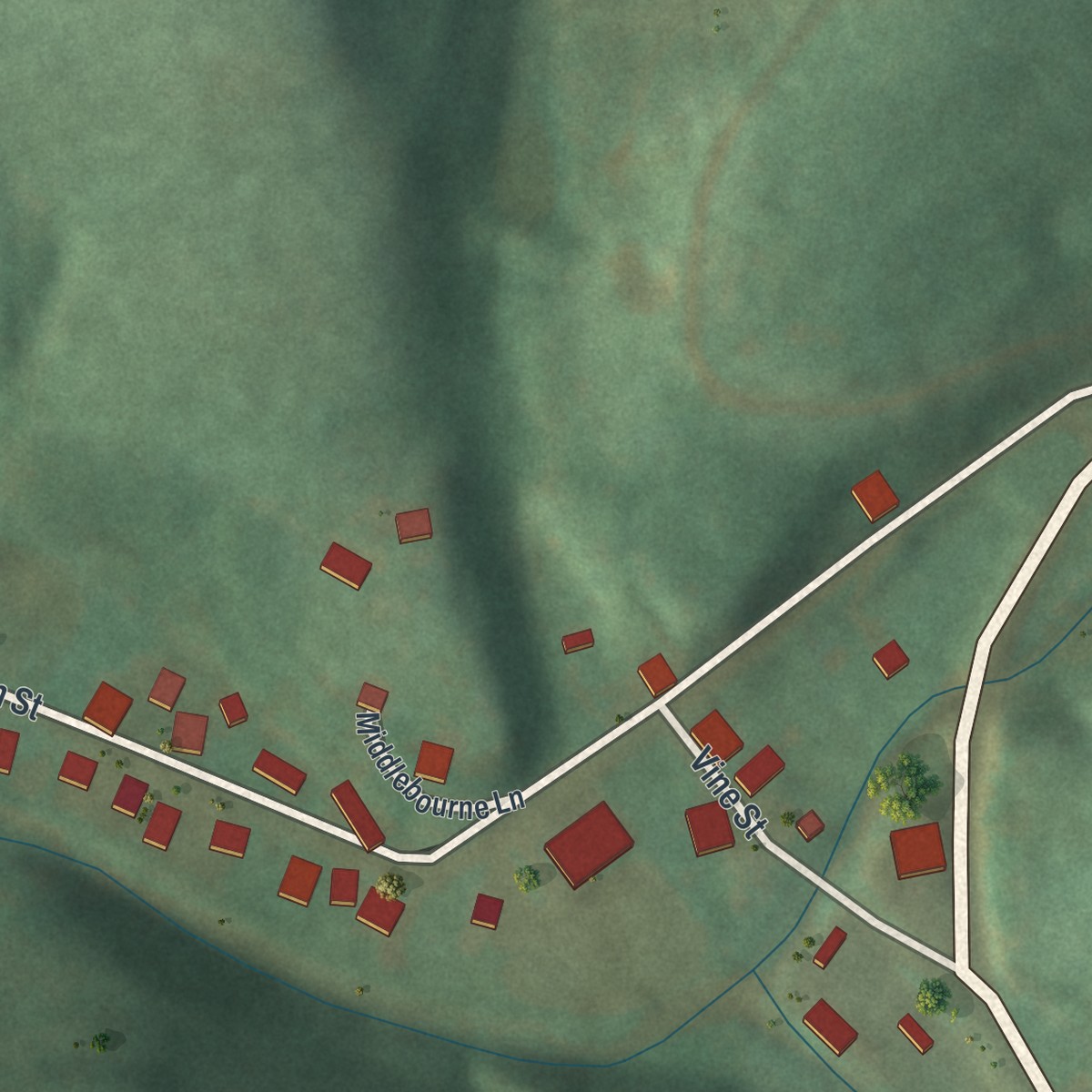 Second close-up of the map of New Freeport, Pennsylvania print showing more streets and buildings