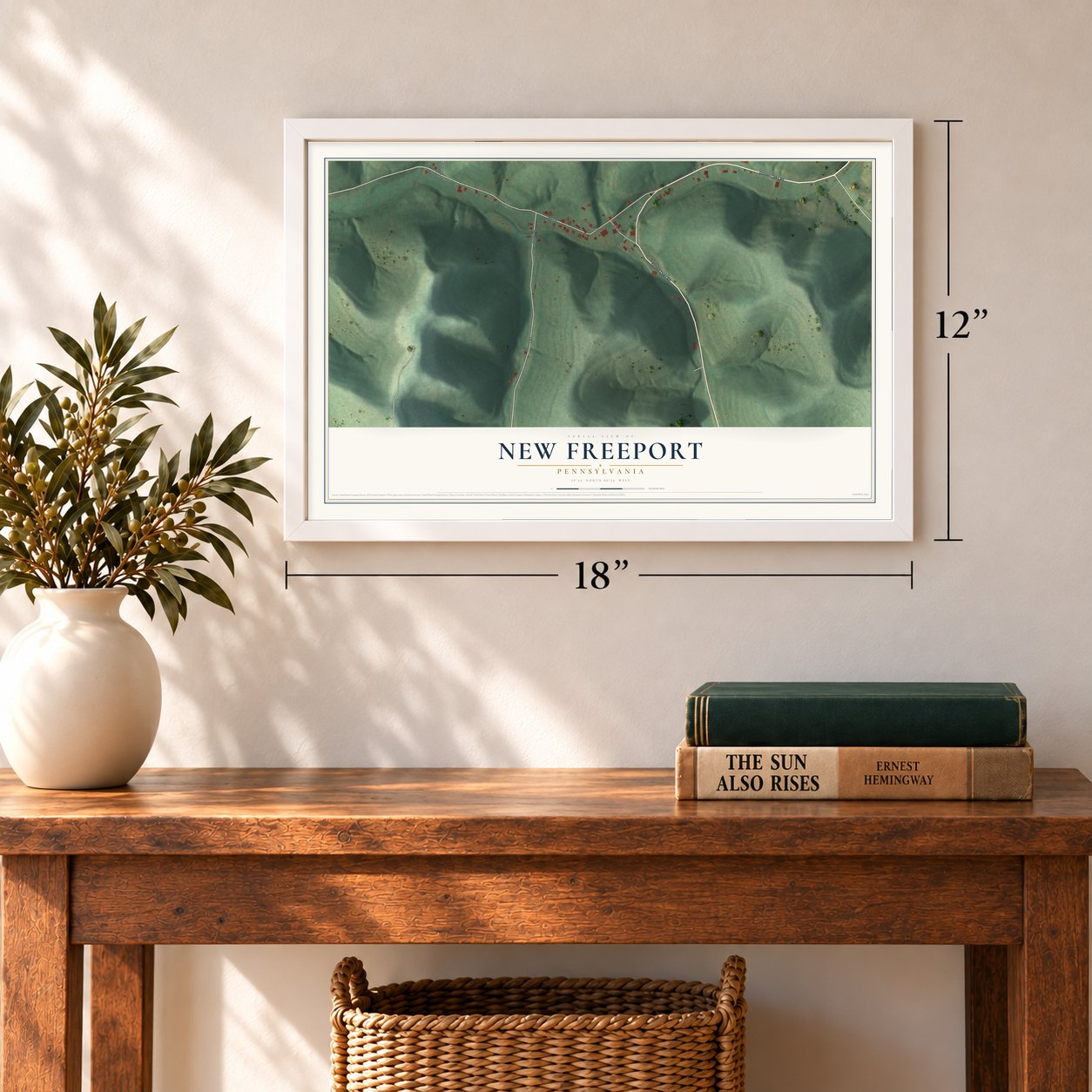 New Freeport, Pennsylvania map, 12 x 18 inch print in a white frame in an entryway