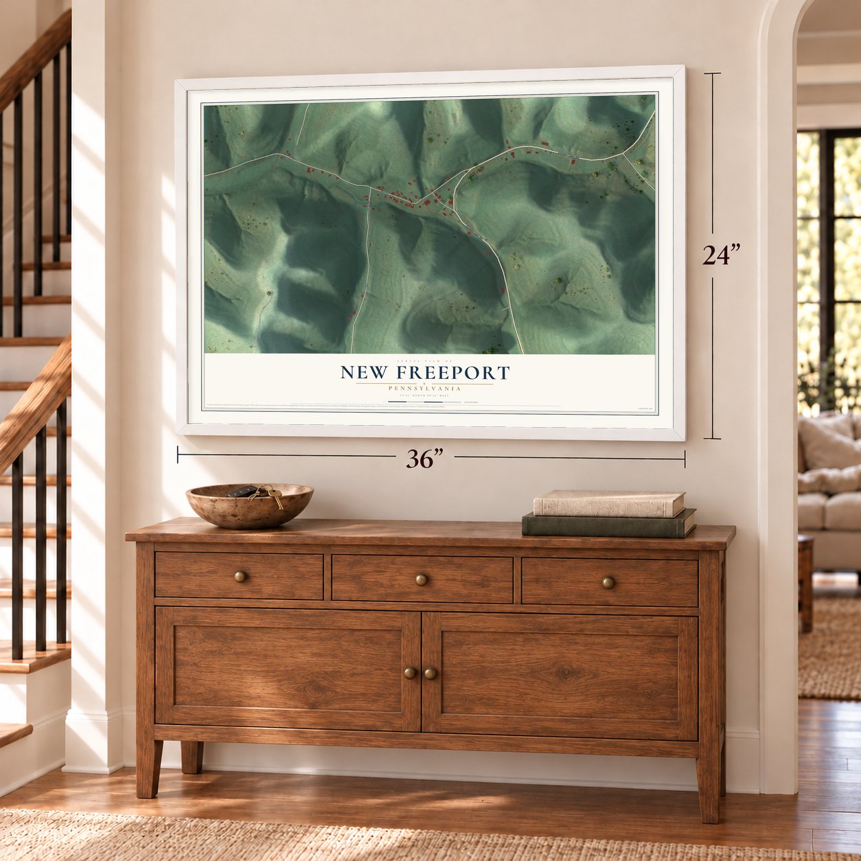 New Freeport, Pennsylvania map, 24 x 36 inch print in a white frame above a dresser by a staircase