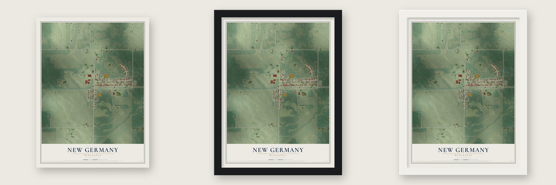 New Germany, Minnesota map unframed, in a black wood frame and in a white wood frame