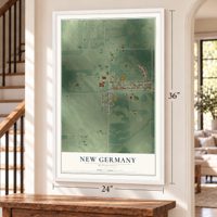 New Germany, Minnesota map, 24 x 36 inch print in a white frame by a staircase