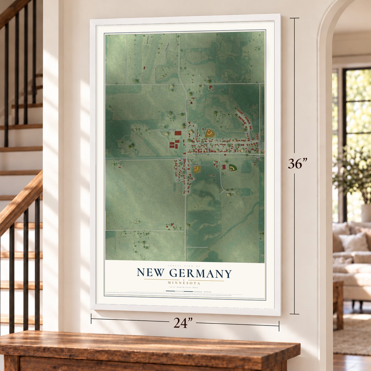 New Germany, Minnesota map, 24 x 36 inch print in a white frame by a staircase