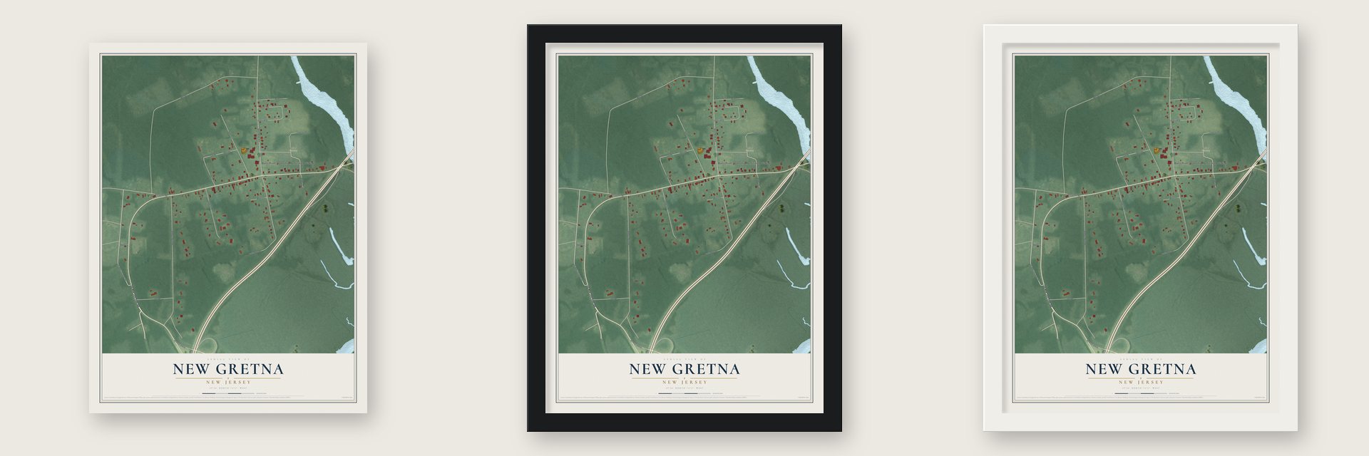 New Gretna, New Jersey map unframed, in a black wood frame and in a white wood frame
