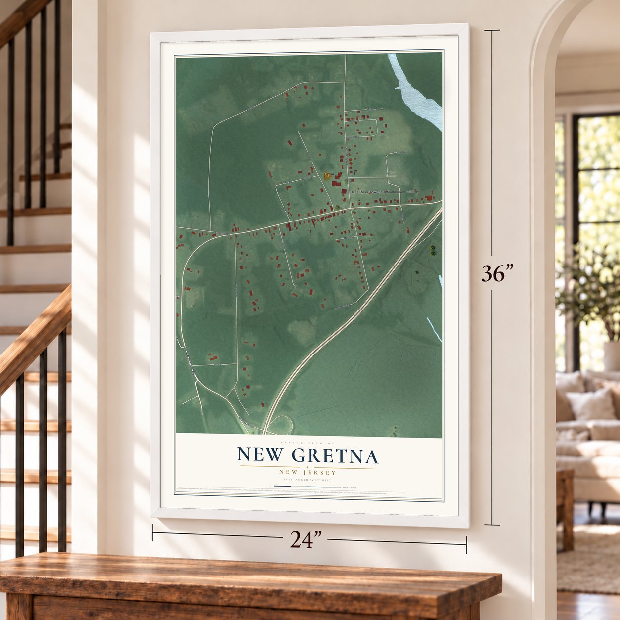 New Gretna, New Jersey map, 24 x 36 inch print in a white frame by a staircase