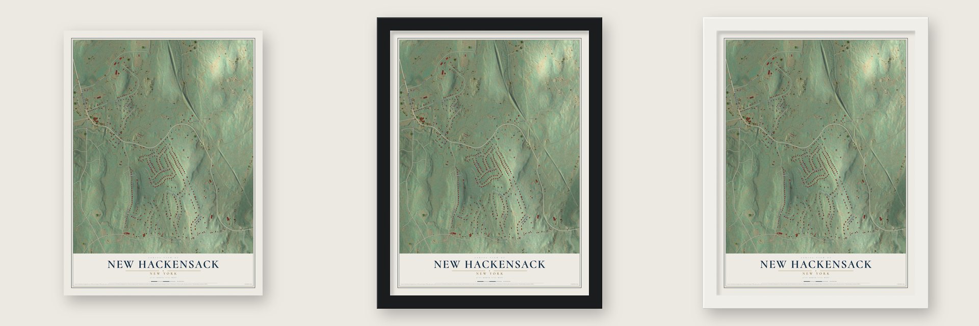 New Hackensack, New York map unframed, in a black wood frame and in a white wood frame