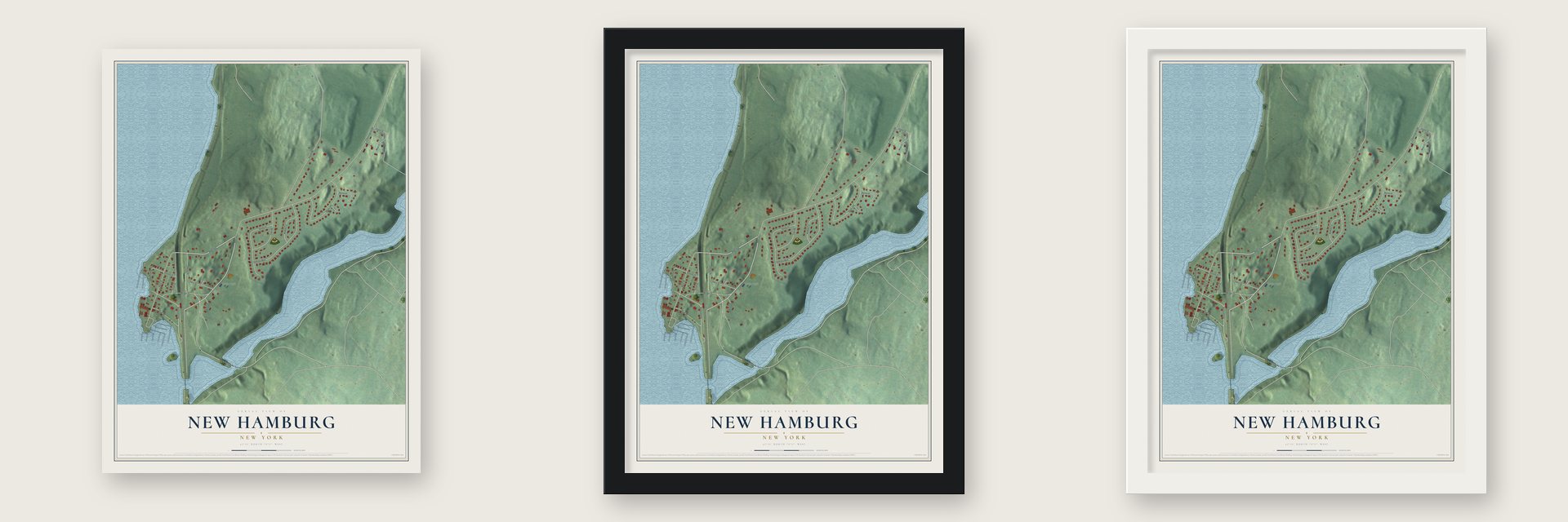 New Hamburg, New York map unframed, in a black wood frame and in a white wood frame