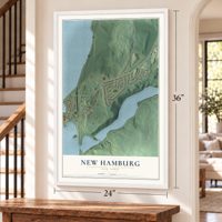 New Hamburg, New York map, 24 x 36 inch print in a white frame by a staircase