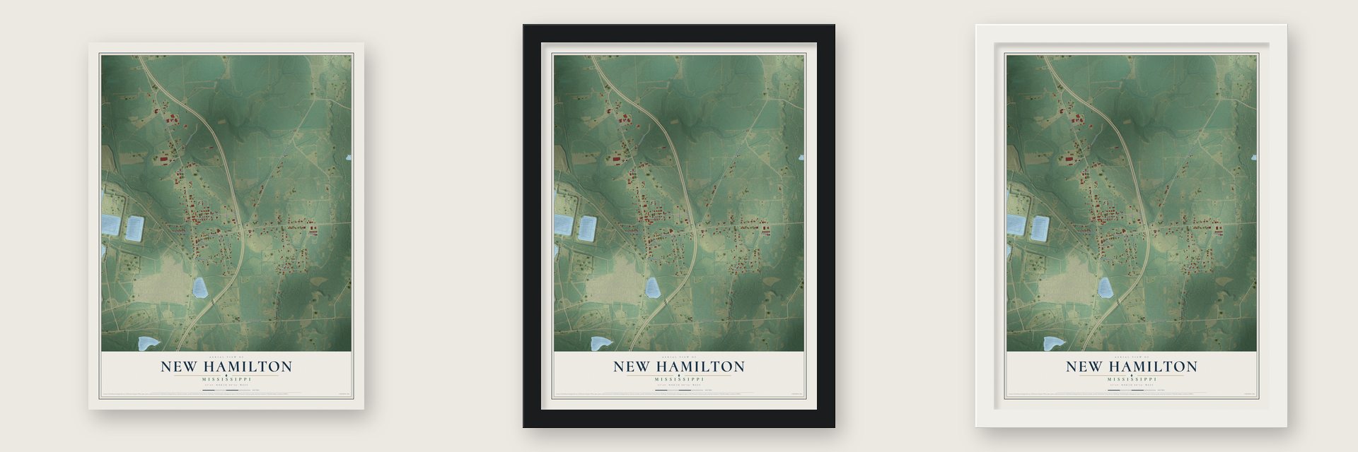 New Hamilton, Mississippi map unframed, in a black wood frame and in a white wood frame
