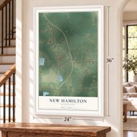 New Hamilton, Mississippi map, 24 x 36 inch print in a white frame by a staircase