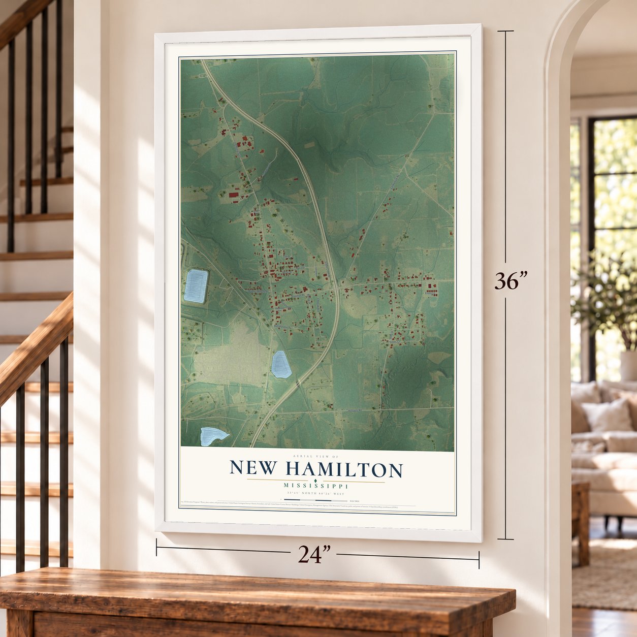 New Hamilton, Mississippi map, 24 x 36 inch print in a white frame by a staircase