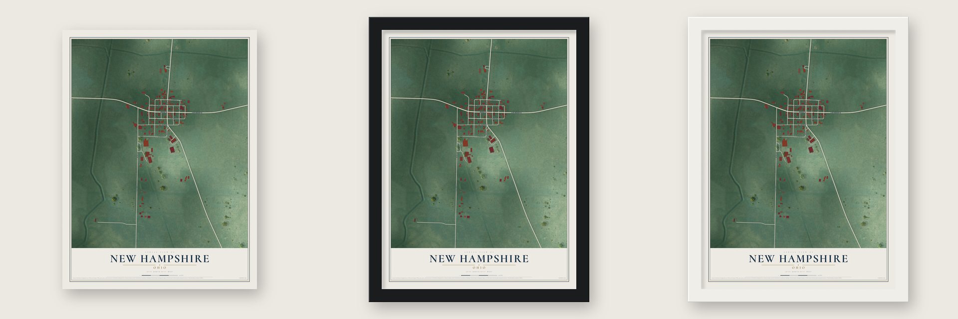 New Hampshire, Ohio map unframed, in a black wood frame and in a white wood frame